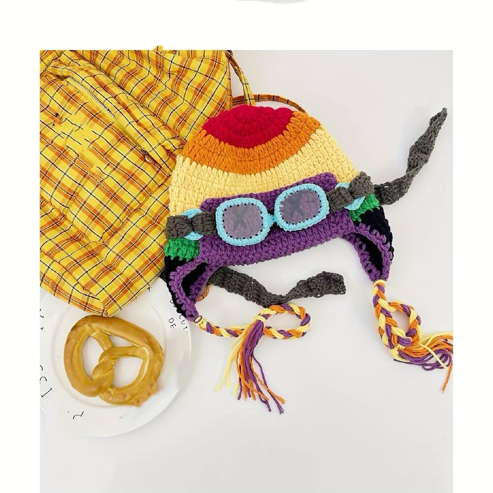 Crochet Colorful Rainbow Aviator Pilot Beanie Hat w/ Faux Removable Goggles- S